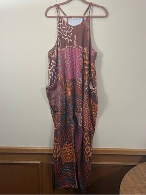 Double Take Full Size Printed V-Neck Sleeveless Jumpsuit womens XL brown patchy